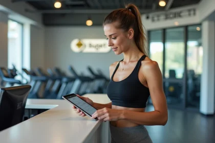 Jeune femme souriante souscrivant à un abonnement Basic-Fit sans engagement à l'accueil d'une salle de sport moderne