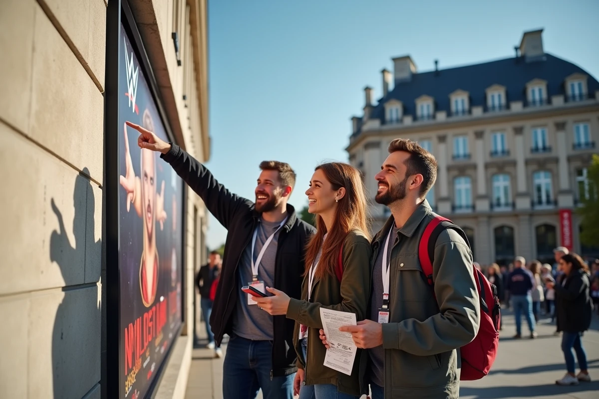 Groupe d'amis découvrant l'affiche officielle du WWE Paris devant l'Accor Arena avec leurs billets en main