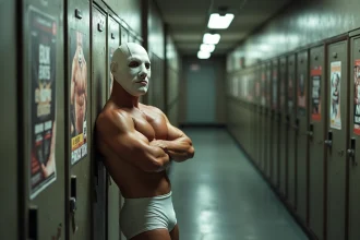 L'Ange blanc en coulisses, masque blanc et tenue de catch, posture calme contre un mur de vestiaire