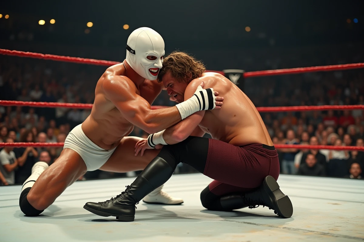 L'Ange blanc en prise avec un adversaire sur le ring lors d'un match de catch professionnel