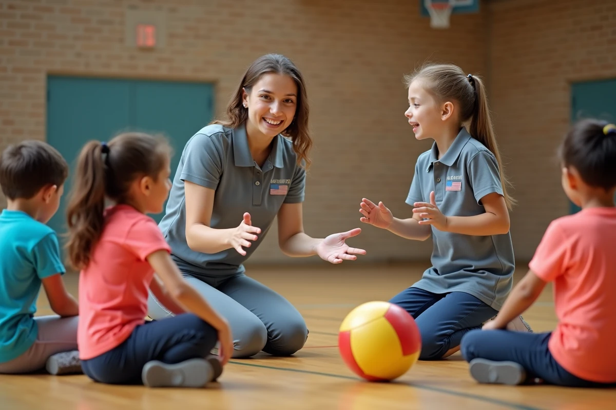 Animatrice expliquant les règles d'un jeu de ballon à des enfants en gymnase