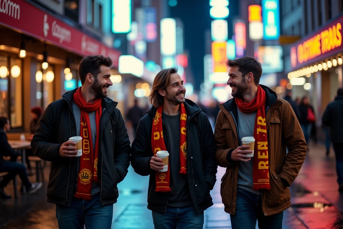 Groupe de supporters rentrant après un match de basket dans les rues animées de Midtown Manhattan la nuit