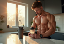 Athlète musclé mélange poudre de récupération dans un shaker lumineux