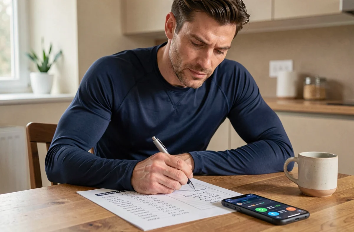 Athlète masculin planifiant son entraînement personnalisé avec calcul des temps au kilomètre sur papier et application mobile