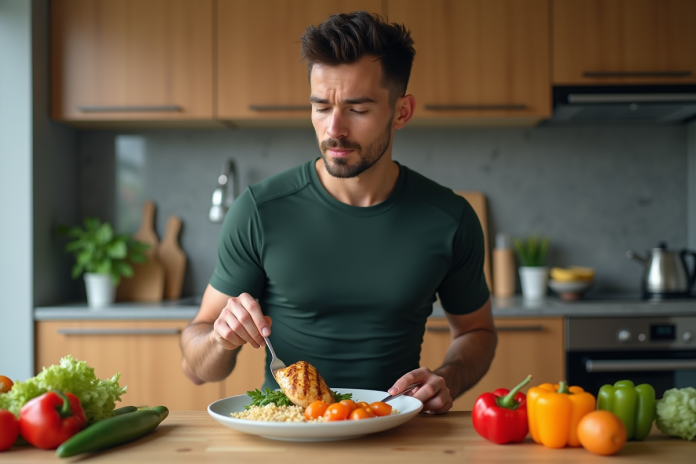Jeune athlète préparant un repas équilibré dans la cuisine