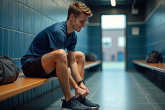 Jeune athlète en salle de sport ajustant ses chaussures