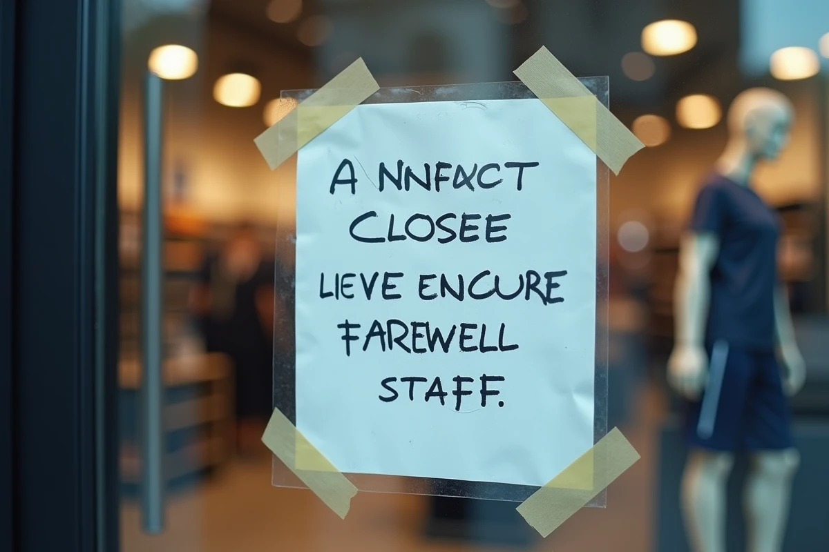 Avis de fermeture définitive affiché sur la porte vitrée d'un magasin Intersport avec message d'adieu du personnel