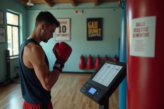 Jeune boxeur regardant la liste des poids en gym