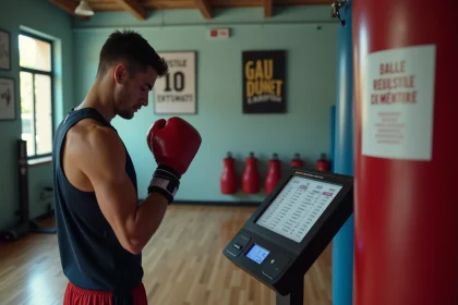 Jeune boxeur regardant la liste des poids en gym