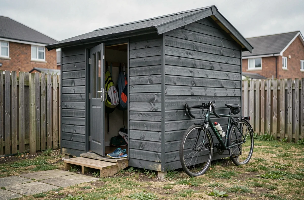 Extérieur d'une petite cabane de sport en bois gris dans un jardin résidentiel avec vélo et chaussures de running