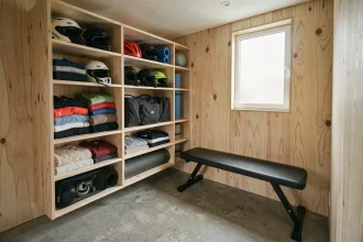 Intérieur compact d'une cabane de sport optimisée avec rangements muraux en bois et banc rabattable pour petit espace