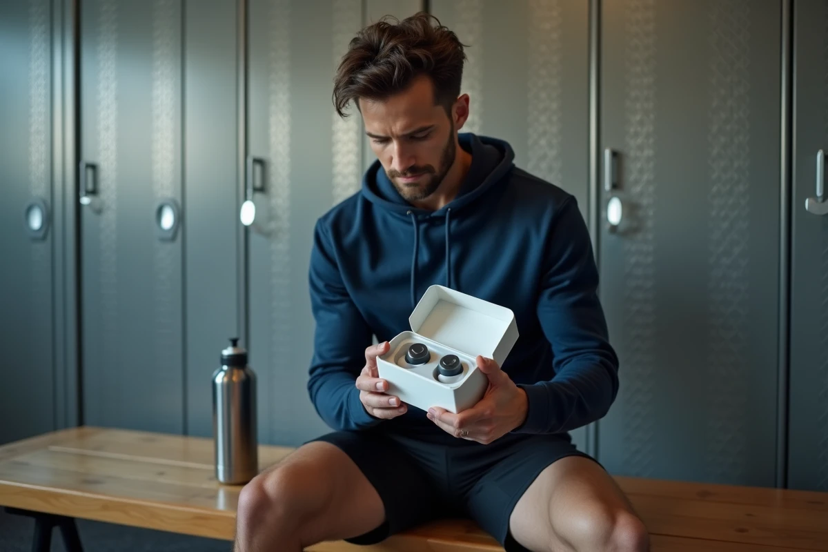 Jeune homme sportif découvrant des écouteurs sans fil dans un vestiaire de salle de sport moderne