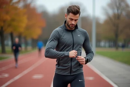 Homme sportif dans la trentaine consultant sa montre connectée lors d'un entraînement en plein air sur une piste urbaine