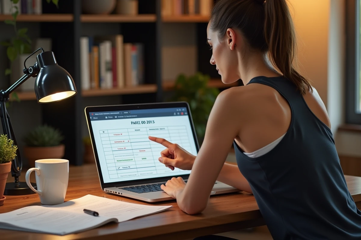 Femme athlète calculant ses vitesses de course et allures pour séances fractionnées sur ordinateur