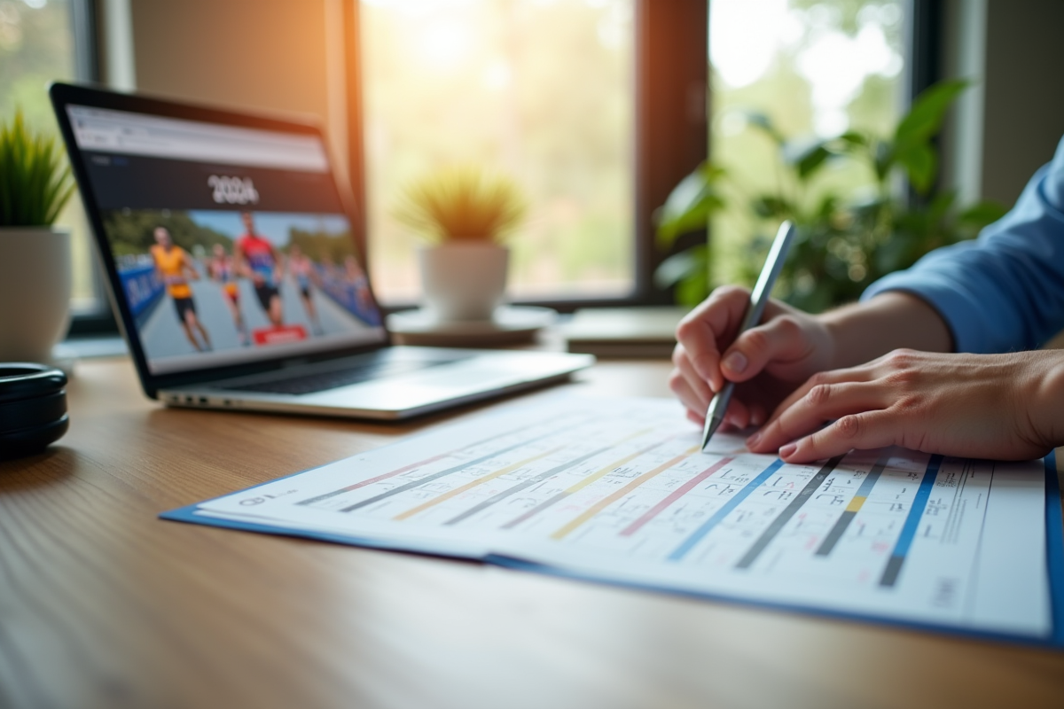 Calendrier de course 2024 avec mains et ordinateur