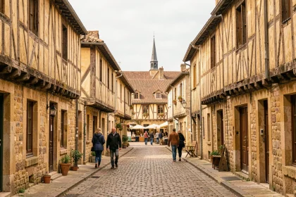 Rue médiévale du centre historique de Bergerac avec maisons à colombages et pavés en Dordogne