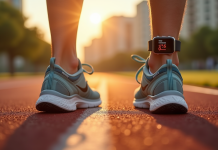 Chaussures de sport sur piste ensoleillée avec montre connectée