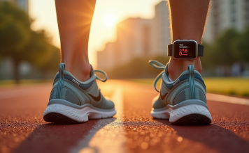 Convertir ses pas en kilomètres pour booster sa pratique sportive : le cas des 1000 pas Chaussures de sport sur piste ensoleillée avec montre connectée