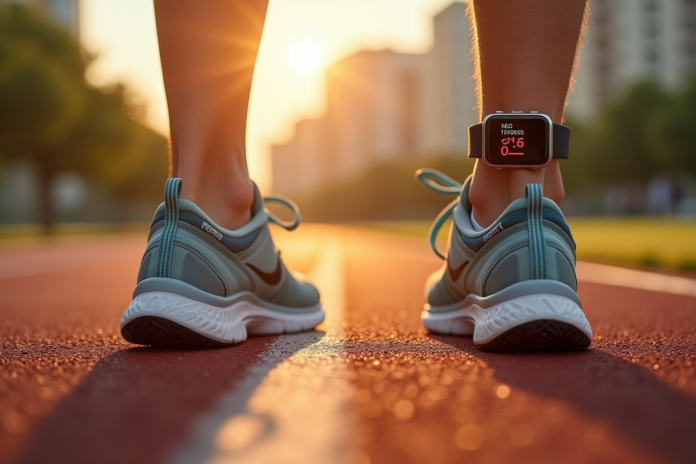 Chaussures de sport sur piste ensoleillée avec montre connectée