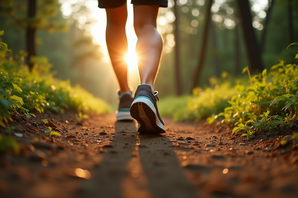 Chaussures de sport sur sentier en forêt ensoleillée
