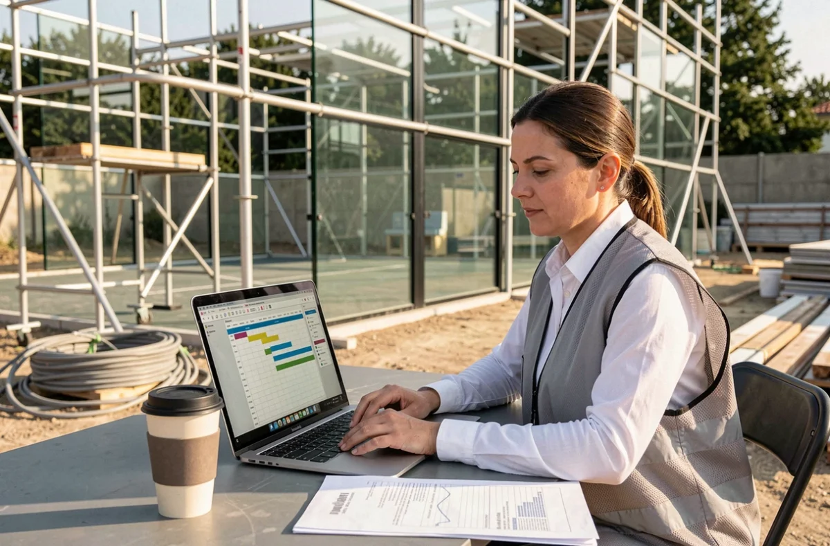 Chef de projet féminine consultant un planning de chantier sur ordinateur devant un terrain de padel en construction