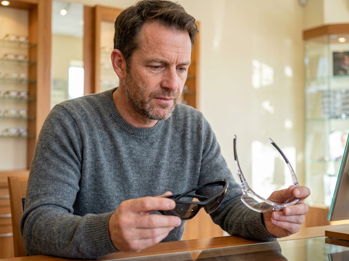 Homme choisissant des montures de lunettes de sport correctrices chez un opticien spécialisé