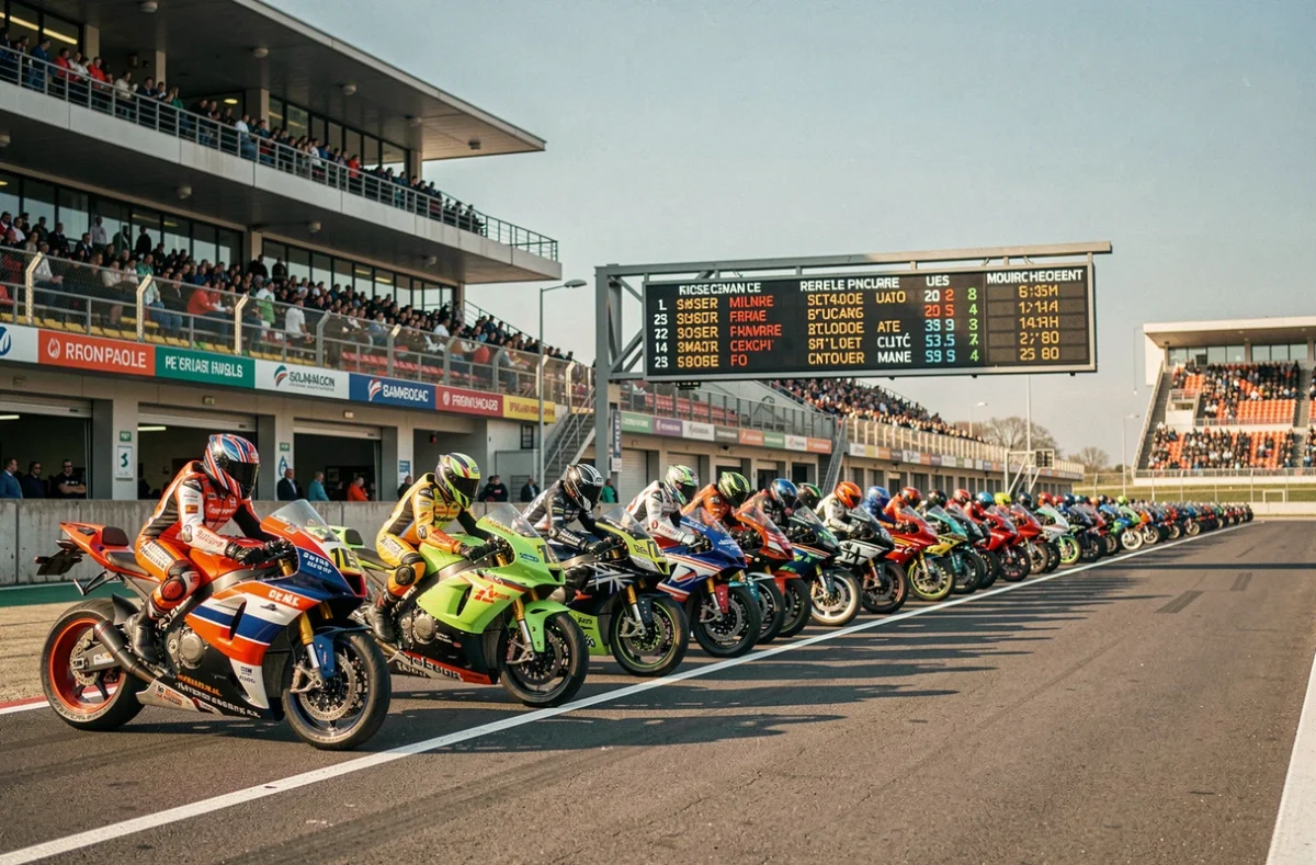 Vue du circuit avec les motos alignées sur la grille de départ et panneau d'affichage du calendrier FFCC saison 2026