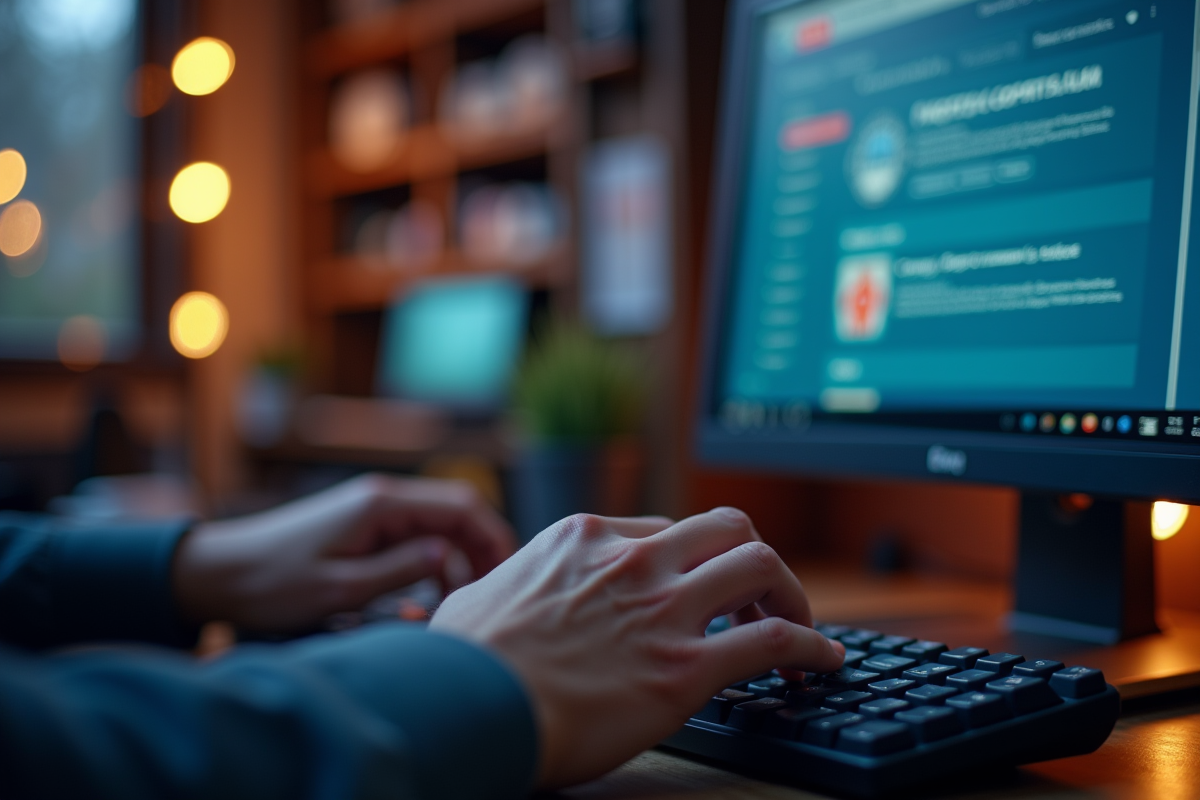 Mains tapant sur un clavier avec un forum sportif à l