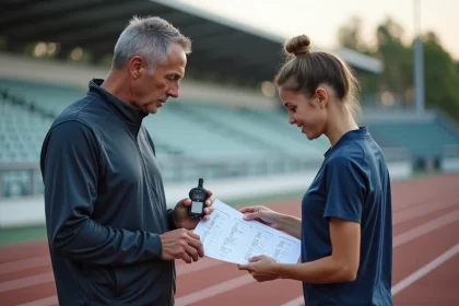 Entraîneur sportif expliquant un tableau de conversion vitesse