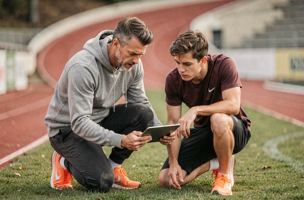 Coach athlétisme analysant les performances d'un athlète sur une piste d'athlétisme dans la Manche