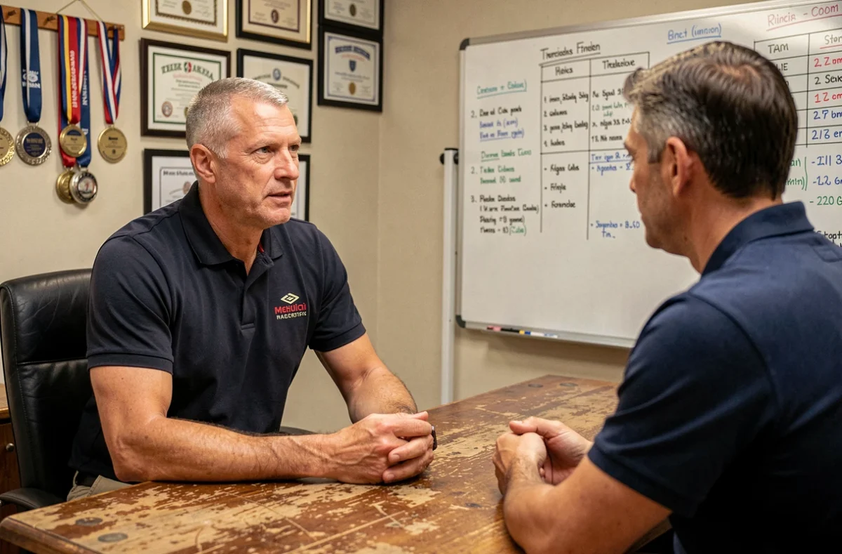 Coach sportif expérimenté en consultation personnalisée avec un client dans son bureau dans la Manche