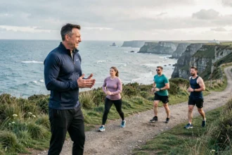 Coach sportif masculin encadrant un groupe de coureurs sur un sentier côtier normand avec vue sur la Manche