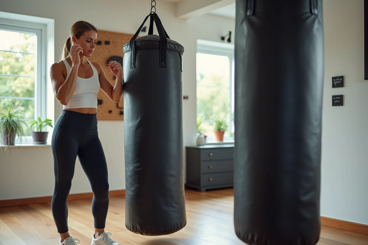 Femme comparant deux sacs de boxe différents dans une salle d'entraînement à domicile lumineuse
