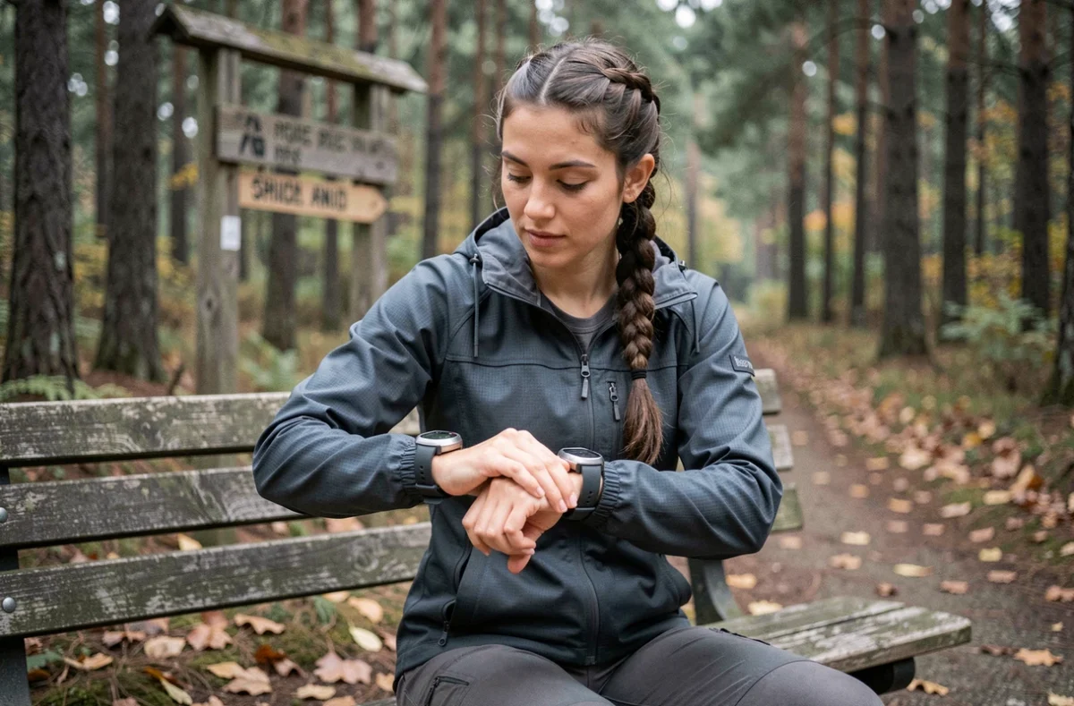 Randonneuse comparant deux montres GPS économiques pour randonnée à l'entrée d'un sentier forestier