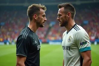 Deux joueurs de football professionnel en confrontation tendue sur le terrain lors d'un grand classique du championnat