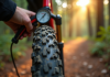 Vérification de la pression d'un pneu de VTT en forêt