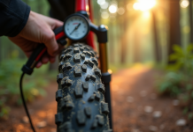 Vérification de la pression d'un pneu de VTT en forêt