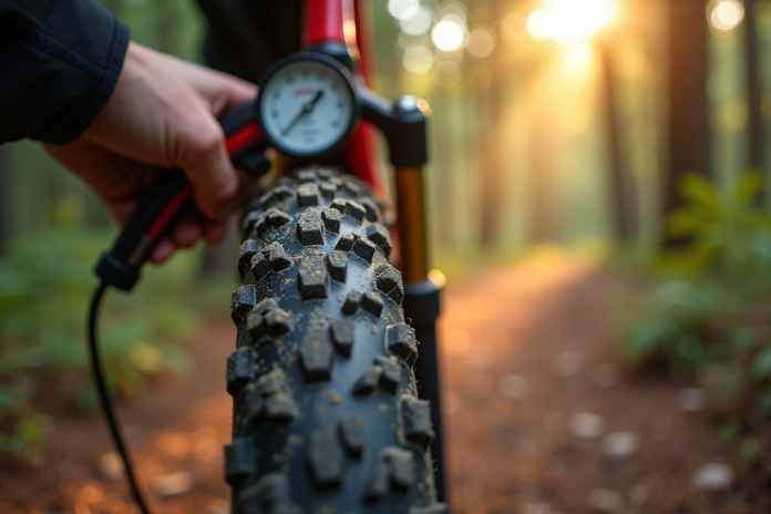 Vérification de la pression d'un pneu de VTT en forêt
