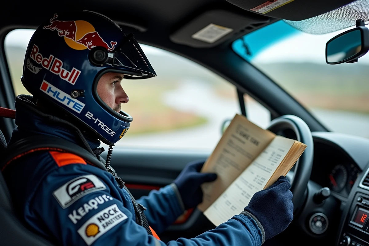 Co-pilote de rallye lisant ses notes de navigation à l'intérieur d'un habitacle de compétition