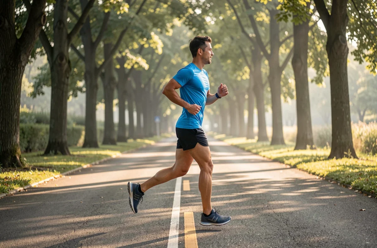 Coureur amateur en footing sur une route bordée d'arbres