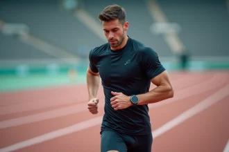 Coureur masculin consultant sa montre GPS pendant un entraînement fractionné sur piste d'athlétisme