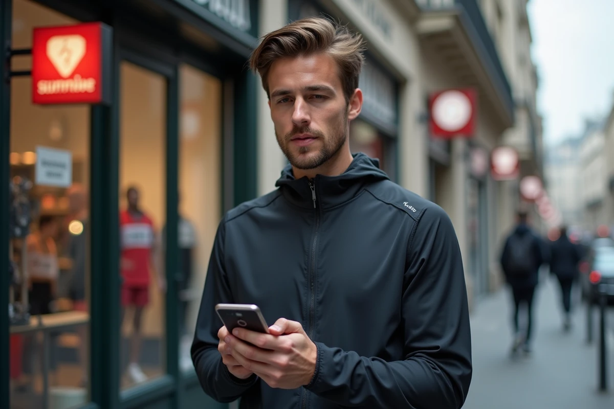 Coureur parisien vérifiant les tarifs et stratégies d'inscription au Marathon de Paris 2026 sur son smartphone en ville