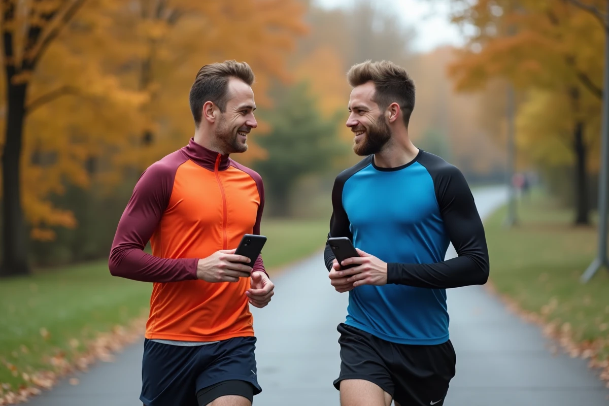 Deux coureurs consultant une application de calcul de vitesse de course fractionnée en plein air