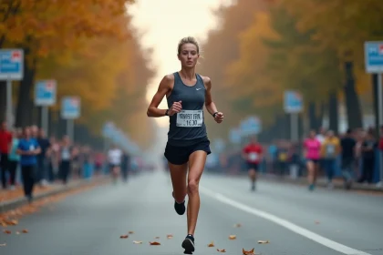 Femme coureuse en marathon avec montre connectee