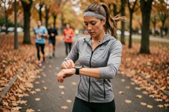 Coureuse analysant ses données de pace et de temps au kilomètre sur sa montre GPS pendant un entraînement en plein air