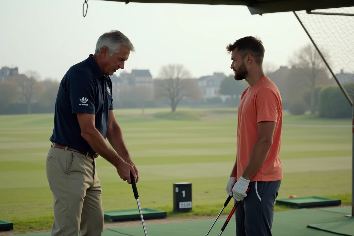 Moniteur de golf enseignant la technique de swing à un débutant sur un practice aux portes de Paris