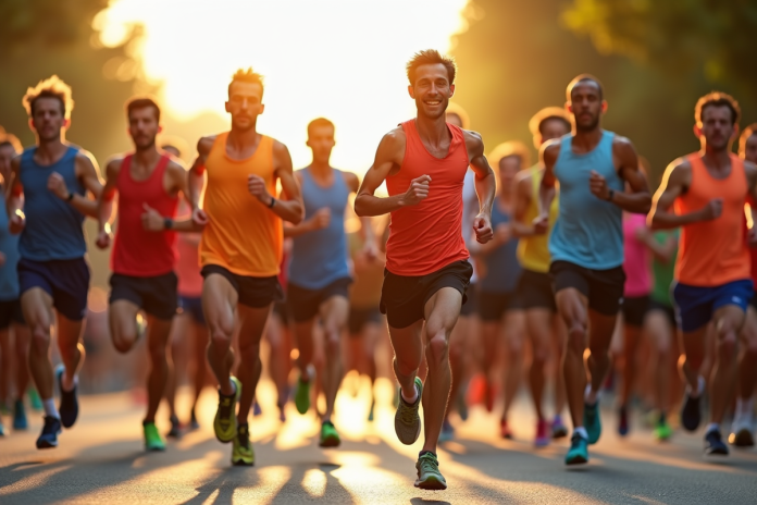 Départ de course matinal avec athlètes colorés