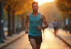 Courseur en plein effort sur chemin urbain ensoleille avec montre GPS