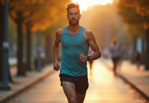 Courseur en plein effort sur chemin urbain ensoleille avec montre GPS