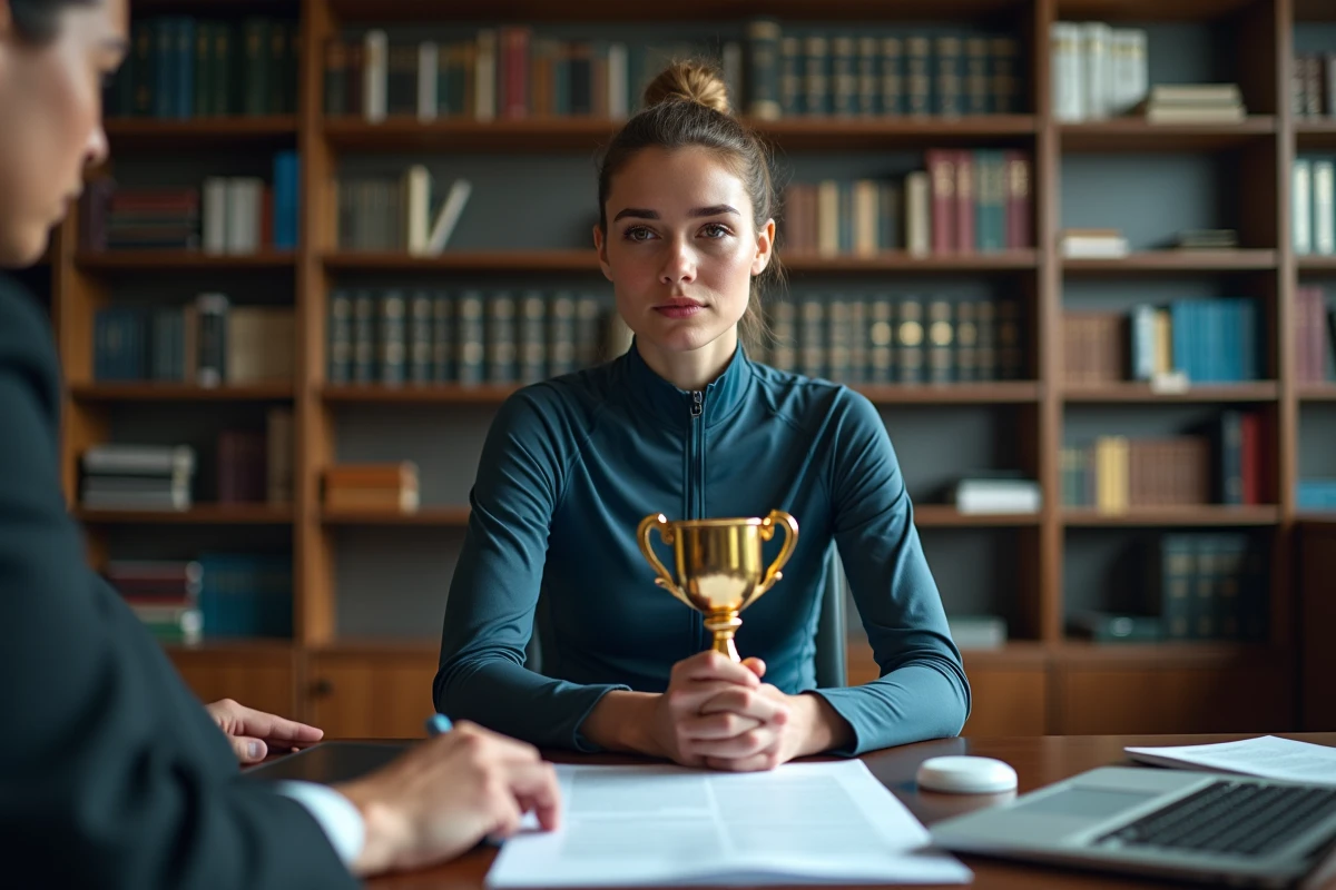 Cycliste féminine professionnelle examinant un contrat salarial avec son avocat après une victoire